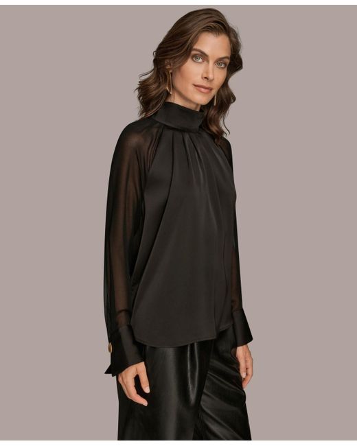 Donna Karan Black High Neck Mix Media Blouse