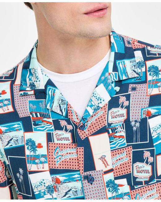 Original Penguin Blue Slim-fit Tropical-print Button-down Camp Shirt for men