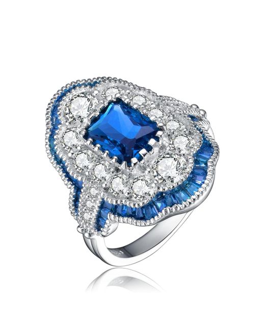 Genevive Jewelry Blue Sterling Silver Radiant And Baguette Cubic Zirconia Coctail Ring