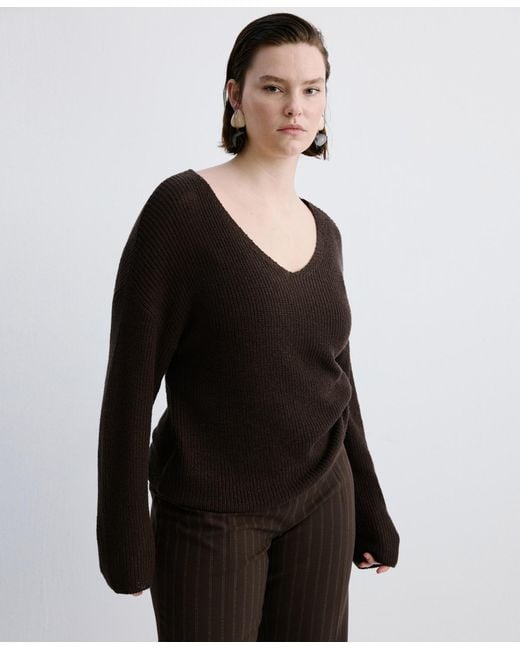 Mango Black V-neck Lace Pattern Knitted Sweater