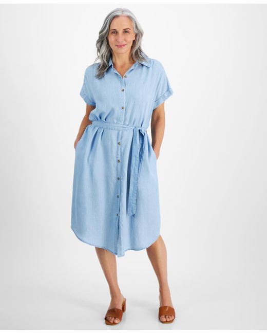 Style & Co. Blue Petite Chambray Belted Camp Shirt Dress