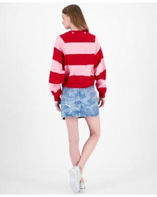 Tommy Hilfiger Red Striped Letterman Crewneck Cotton Sweatshirt Hawaiian Print Denim Mini Skirt