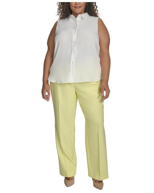 DKNY White Plus Size Button-front Sleeveless Satin Blouse