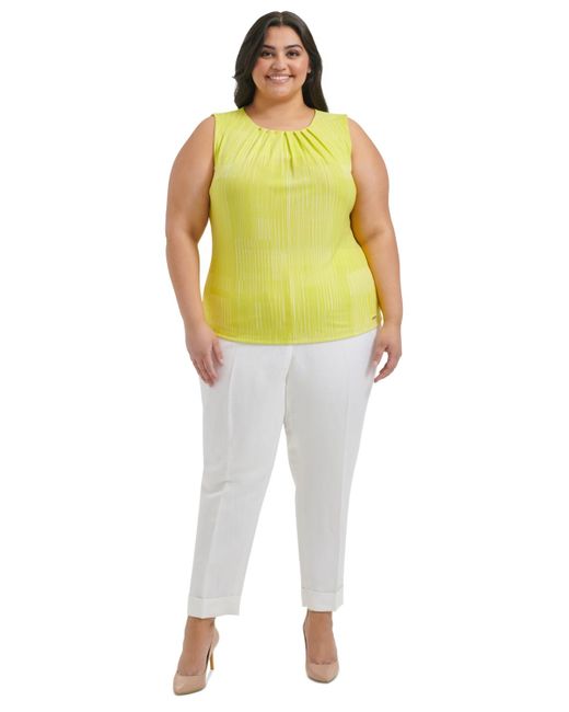Calvin Klein Yellow Plus Size Geo-printed Pleated Sleeveless Top