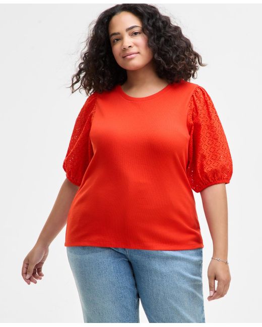 On 34th Red Trendy Plus Size Eyelet-sleeve Rib-knit Top