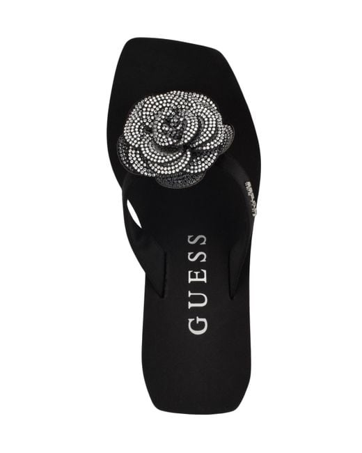 Guess Black Damani Rhinestone Flower Eva Platform Wedge Sandals