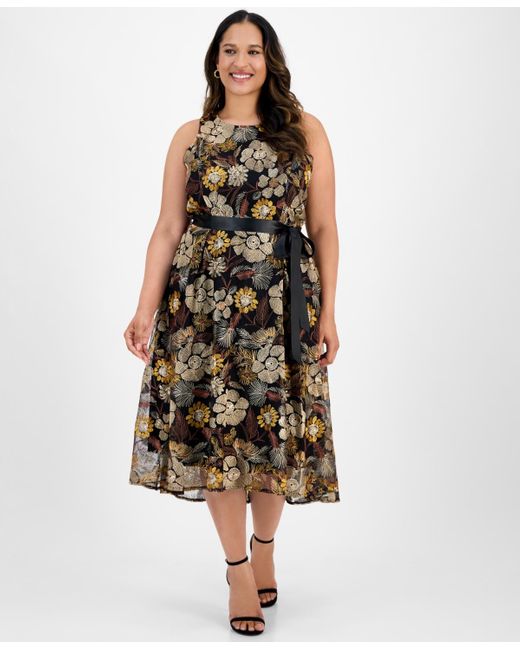 Tahari Multicolor Plus Size Embroidered-mesh Tie-waist Dress