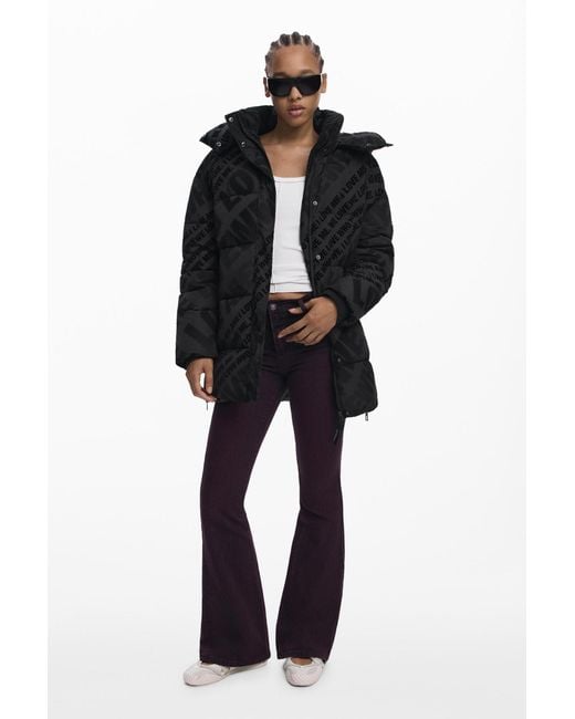 Desigual Black Padded Quilted Coat, Polyester