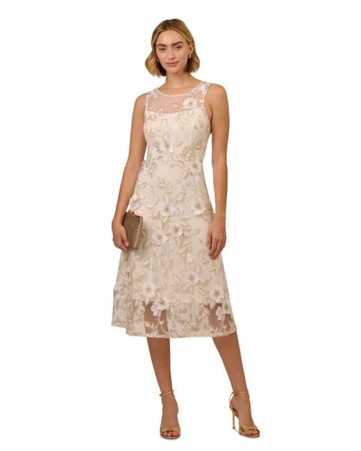 Adrianna Papell Natural Floral Embroidery Illusion Fit & Flare Midi Dress