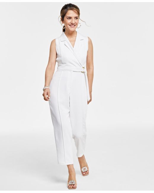 INC International Concepts White Petite Sleeveless Notch-lapel Jumpsuit