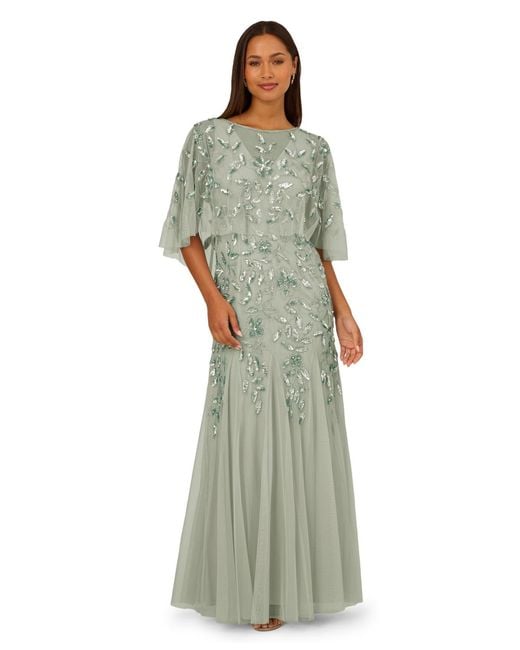 Adrianna Papell Green Beaded Cape Crewneck Dress