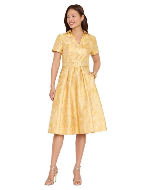 Tahari Belted Short-sleeve Collared Midi Dress in Yellow | Lyst