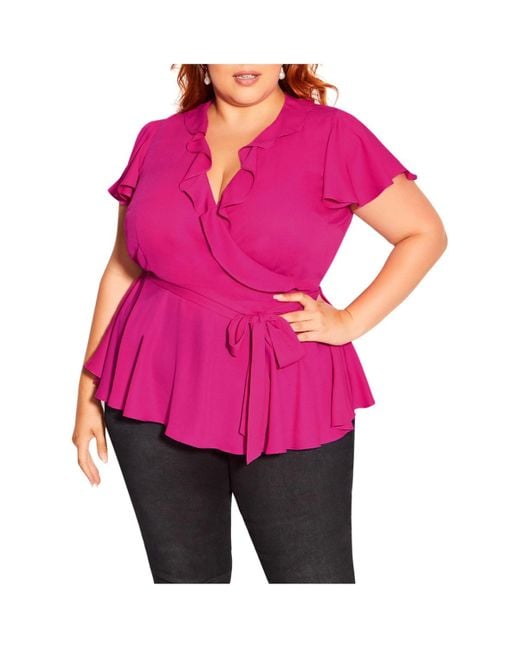 City Chic Pink Plus Size Wrap Frills Short Sleeve Top