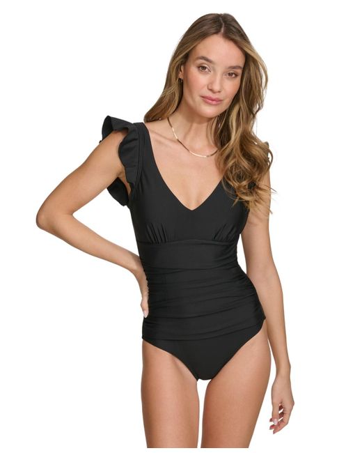 DKNY Black Ruffle-trim One-piece Swimsuit