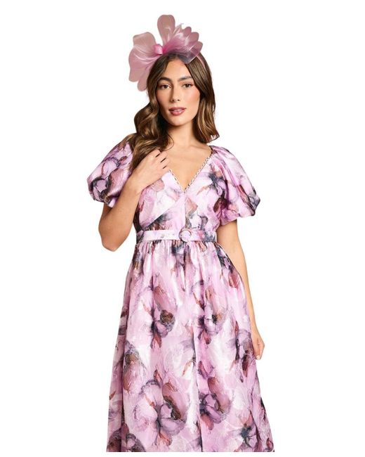 Coast Pink Short Puff Sleeve Belted Midi Dress
