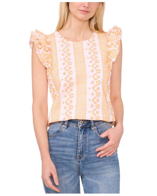 Cece Blue Embroidered Crewneck Ruffle Sleeve Blouse