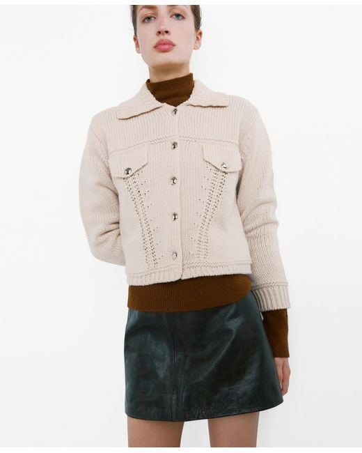 Mango White Polo Collar Knitted Jacket