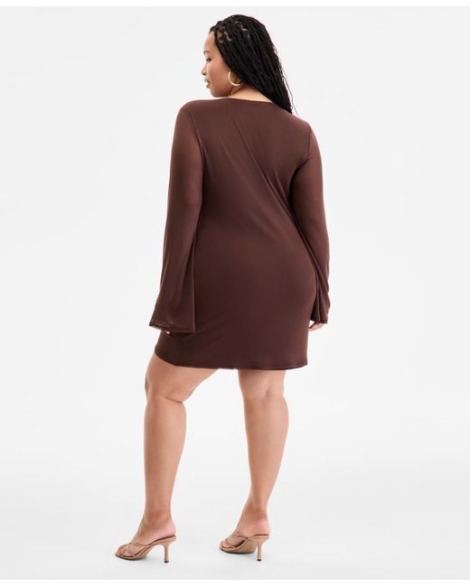 BarIII Red Plus Size Long-sleeve Solid-mesh Mini Dress