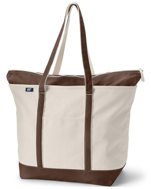 Lands' End Natural Extra Large 5 Pocket Zip Top Long Handle Canvas Tote Bag