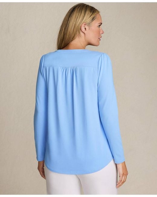 Lands' End Blue Plus Size Long Sleeve Lightweight Jersey Notch Neck Tunic Top