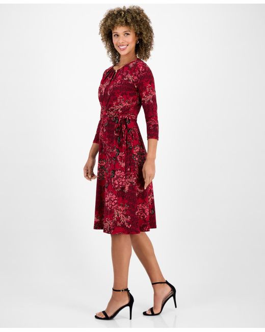Kasper Red Printed 3/4-sleeve Midi Dress