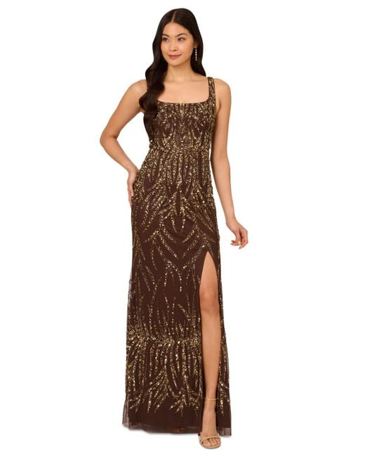 Adrianna Papell Square-neck Embellished Gown in Brown | Lyst