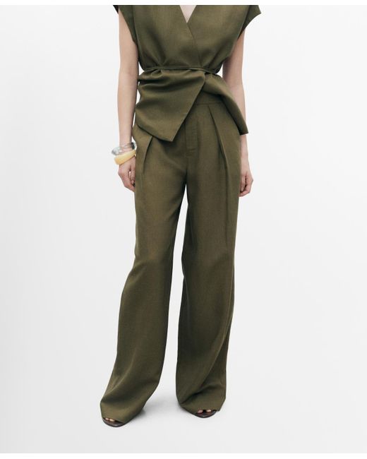Mango Green Linen-blend Straight-fit Pants