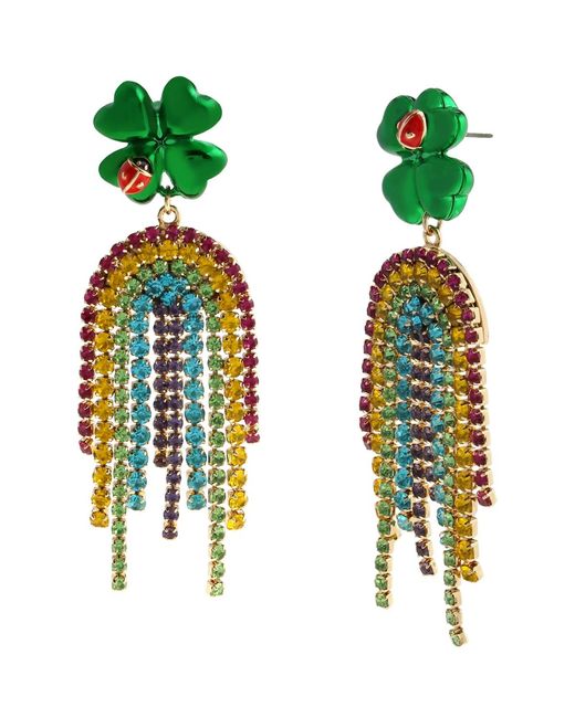 Betsey Johnson Green Faux Stone Paddy's Princess Shamrock Rainbow Chandelier Earrings