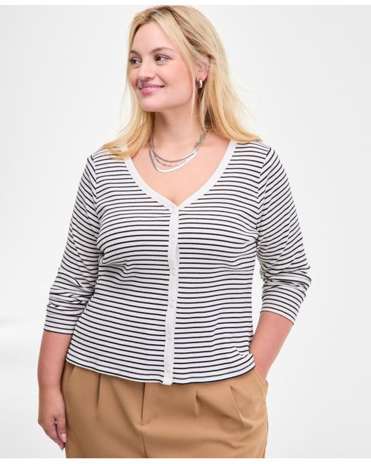 On 34th White Trendy Plus Striped V-neck Button-front Cardigan