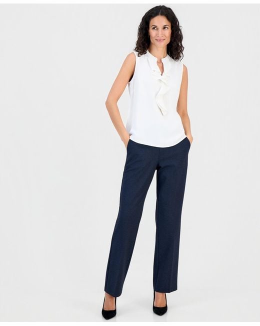 Kasper White Ruffled Split-neck Sleeveless Blouse