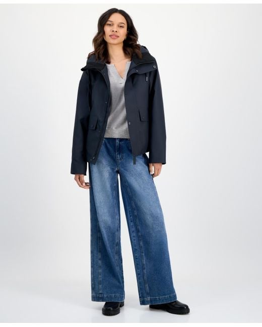 Rains Blue Snap-front Hooded Waterproof Jacket