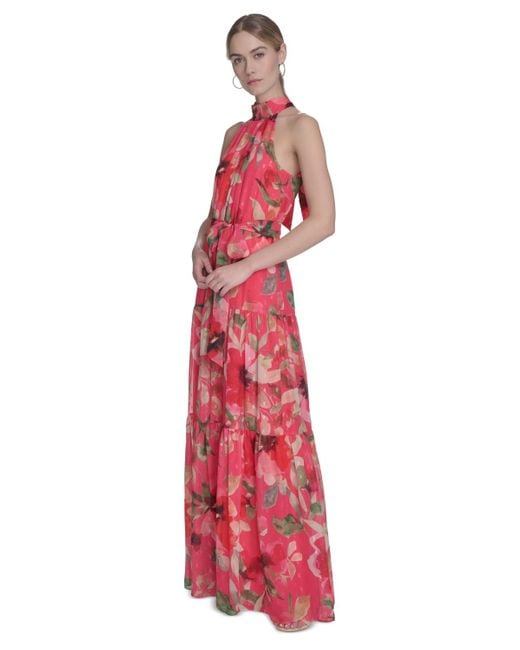 Eliza J Red Printed Sleeveless Tie-waist Chiffon Gown