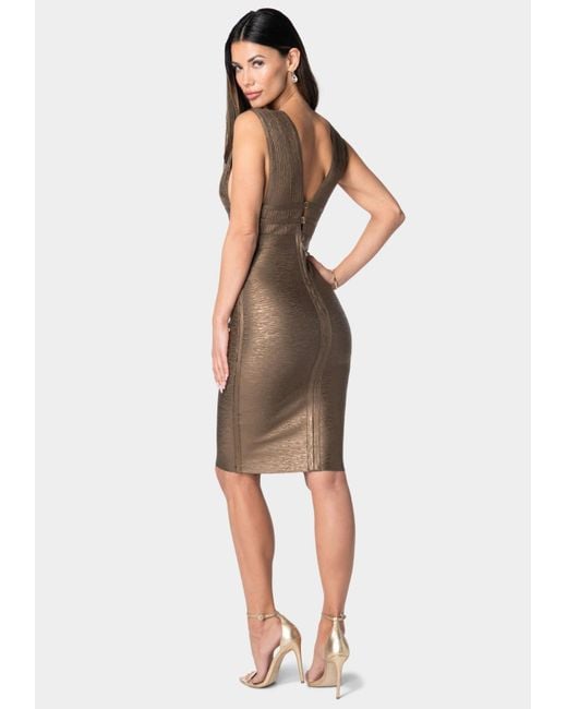 Bebe Natural Foiled Bandage Plunge Neck Midi Dress