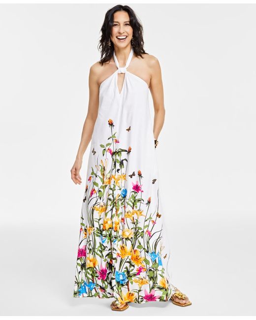 INC International Concepts White Floral-print Halter Keyhole Maxi Dress