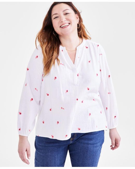 Style & Co. White Plus Size Cotton Printed Long-sleeve Top