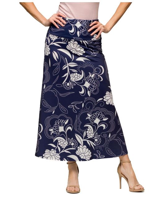 24seven Comfort Apparel Blue Navy Floral Print Elastic Waist A Line Maxi Skirt