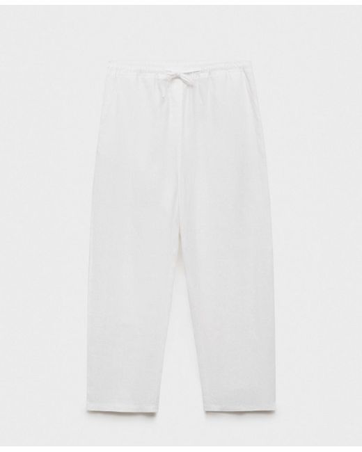 Mango White Straight Linen-blend Pants