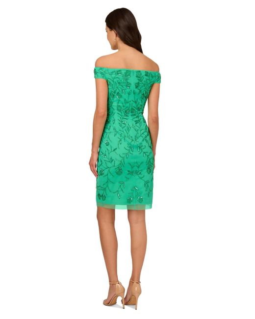 Adrianna Papell Green Beaded Off-the-shoulder Dress
