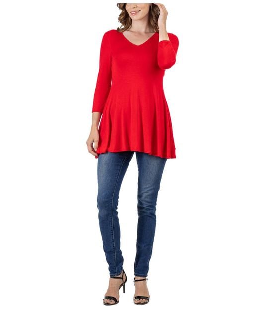 24seven Comfort Apparel Red Three Quarter Sleeve V-neck Tunic Top