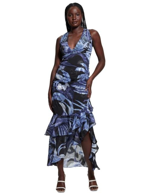 Guess Blue Ava Printed Mesh Ruffled Maxi Dress