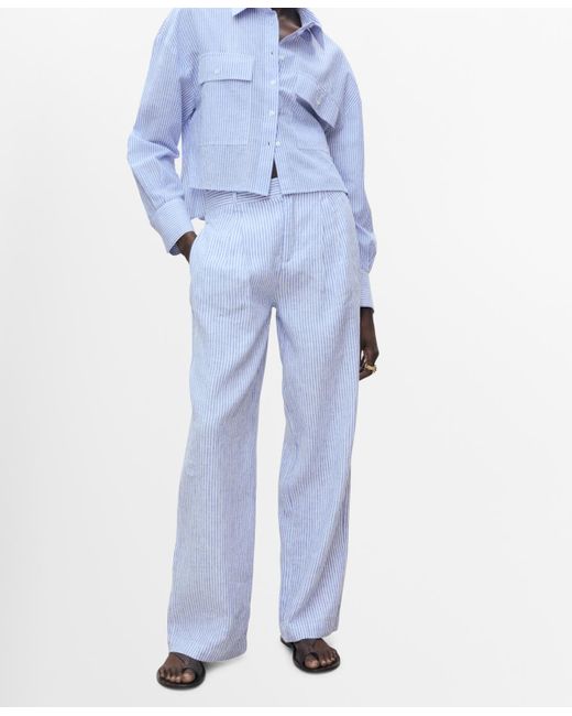 Mango Blue Striped Linen-blend Trousers Pants
