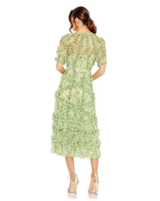 Mac Duggal Green Floral Flutter Sleeve Mesh Print Dress
