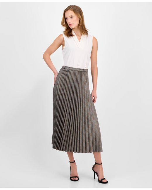 Anne Klein Gray Plaid Pleated Pull-on Midi Skirt