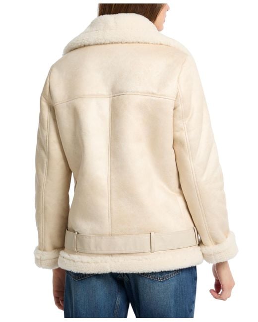 Guess Natural Faux-shearling Asymmetric Moto Coat