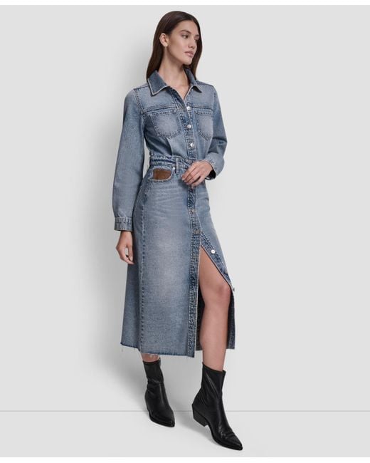 DKNY Blue Button Front Midi Dress