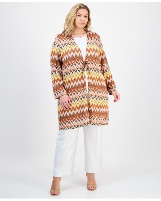 Kasper White Plus Size Printed Tie-front Cardigan