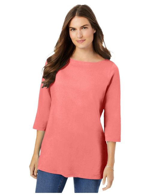 Woman Within Pink Within Perfect Three-quarter Sleeve Boatneck Tee