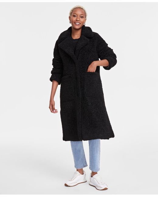 BCBGMAXAZRIA Black Petite Notched-collar Teddy Coat