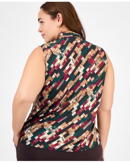 Kasper Black Plus Size Printed Tie-neck Sleeveless Top