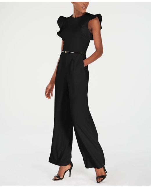 Calvin Klein Plus Size Velvet Bell-Sleeve Belted Wide-Leg Jumpsuit Black  18W